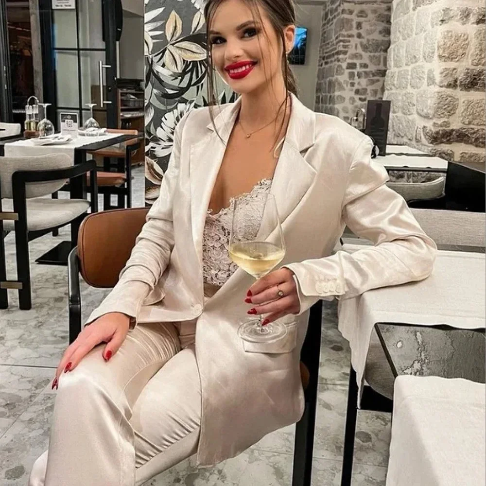 BLOGGER'S FAVE! Zara Suit Set Satin Ruched Blazer And Pants Ivory NWT